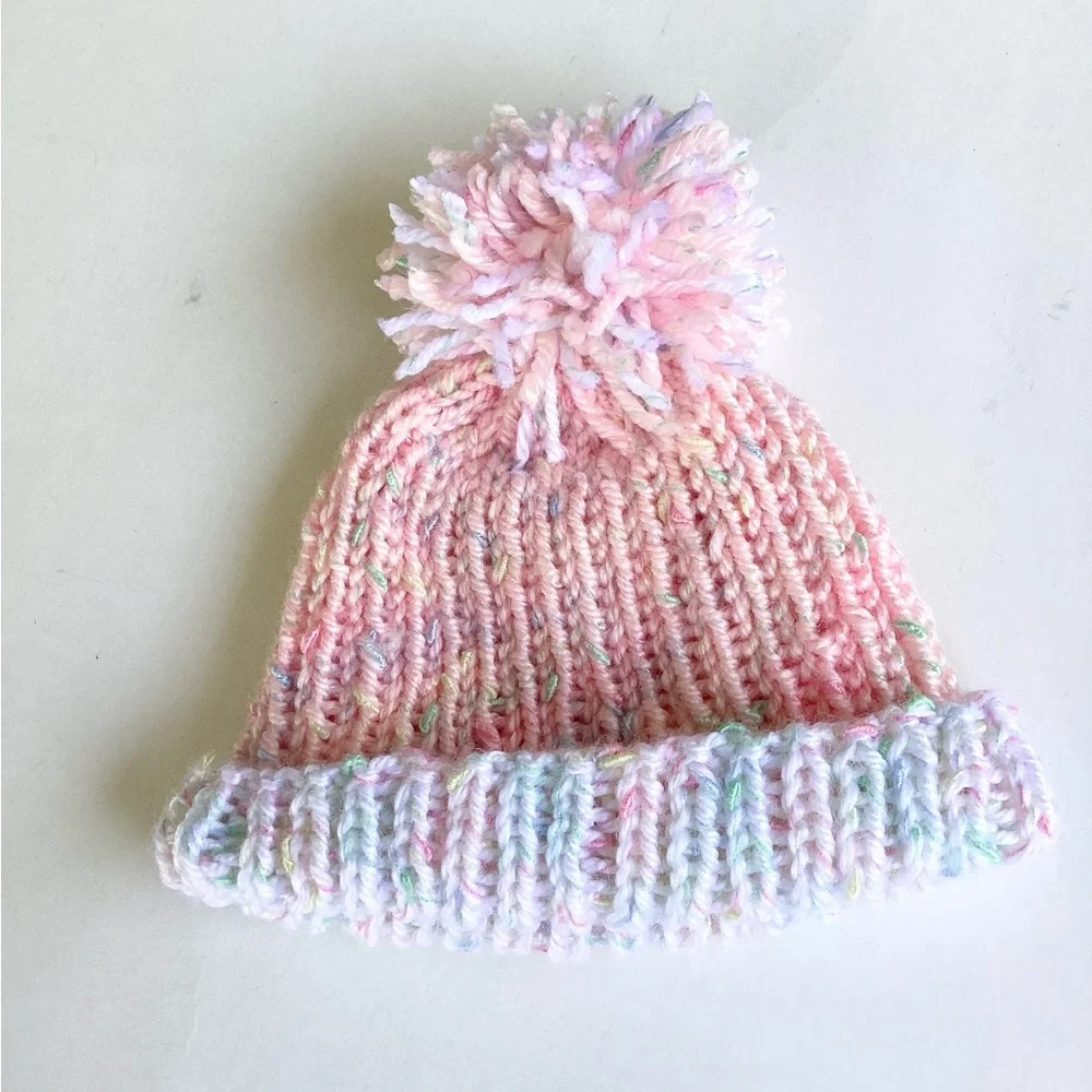 Beanie Pom Pom Hand Crafted Pastel Knit Pink White